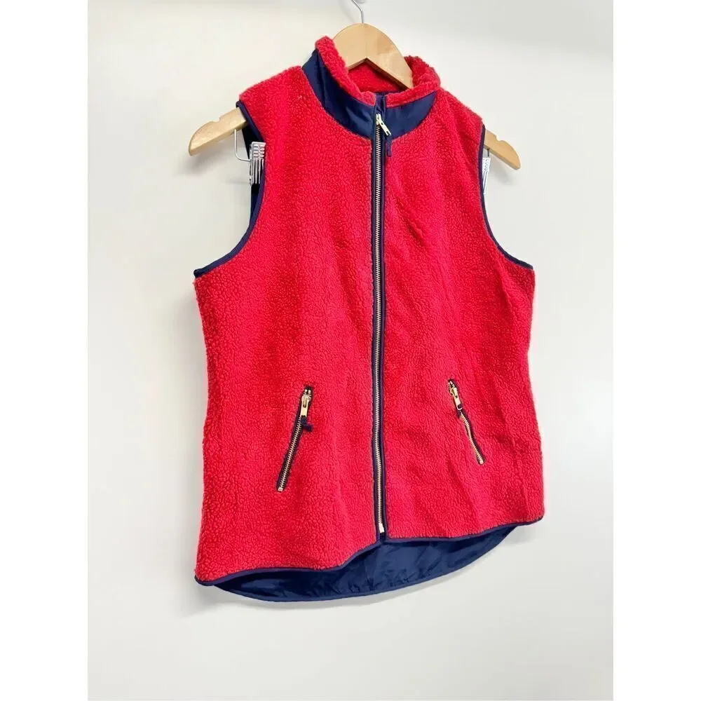 Crown‎ & Ivy Vest Size Small Womens Red Blue Faux Fur Full Zip